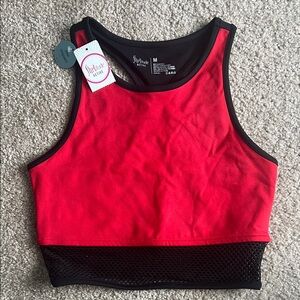 Red High Neck Sports Bra with Black Trim and Mesh Hem